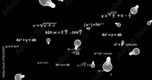 Image of light bulb icons over mathematical equations on black background