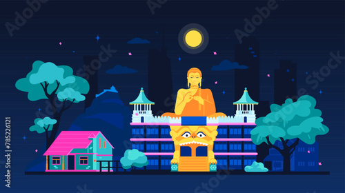 Dambulla Cave Temple - modern colored vector illustration with sights of Sri Lanka. Night city sights in south asia with big buddha statue and ancient temple fortress. Moon, palm trees and starry sky