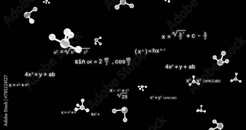 Image of molecules over mathematical equations on black background