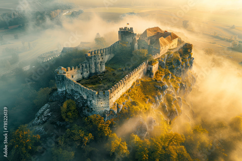 Aerial panoramic view of the Castle, Slovakia, in the morning sunlight with foggy background. Top view.