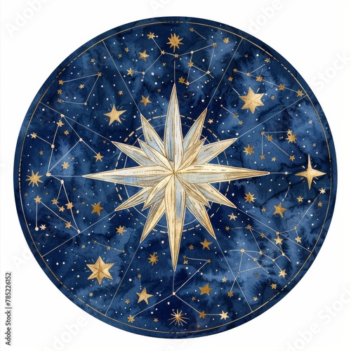 A mystical watercolor star chart featuring planets, zodiac signs, and constellations, perfect for astrology and celestial-themed designs