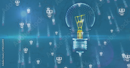 Image of 3d light bulb over robot icons against falling binary codes on blue background