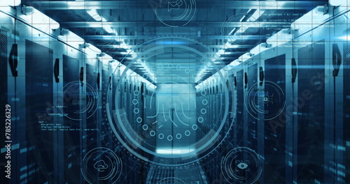 Image of data protection text, fingerprint in circles, icons, computer language on server room photo
