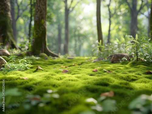 A lush green forest with a mossy tree trunk and a field of grass