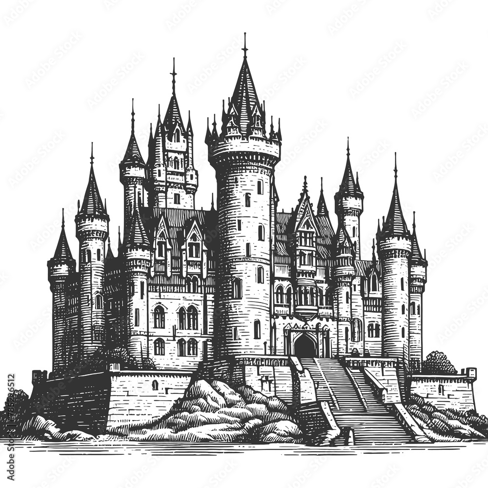 majestic medieval fantasy castle on rocky terrain sketch engraving generative ai fictional character raster illustration. Scratch board imitation. Black and white image.