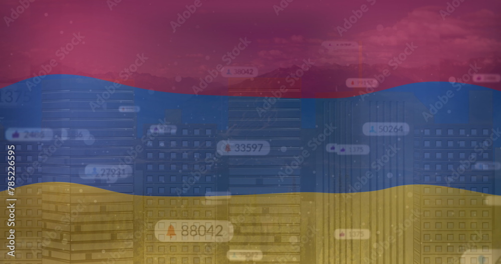 Fototapeta premium Image of notification bars with numbers, flag of armenia over modern buildings