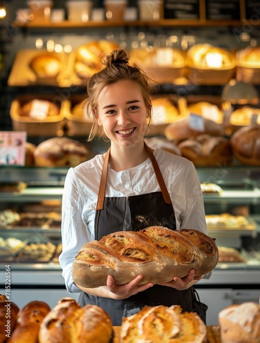 Portrait of a happy young Asian woman holding a loaf of sourdough bread in a bakery. female owner is standing behind the counter with fresh baked goods on display. concept for a small bakery business