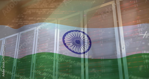Image of computer language and flag of india over data server racks