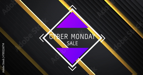 Cyber monday text in white with purple triangles over diagonal gold stripes on black background