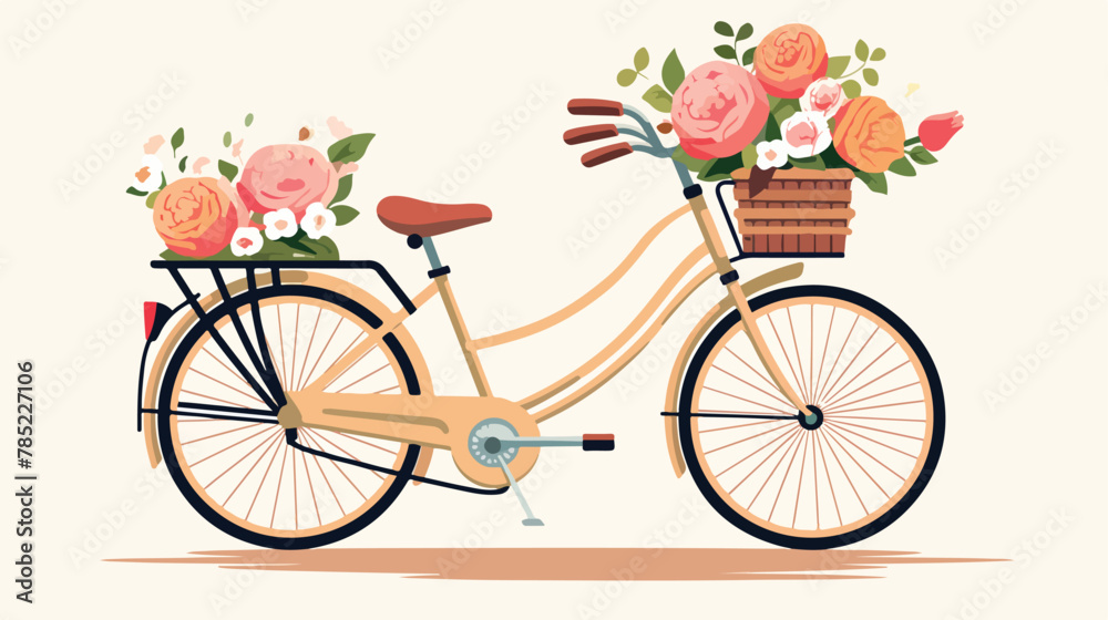 A vintage bicycle with a basket full of flowers flat vector