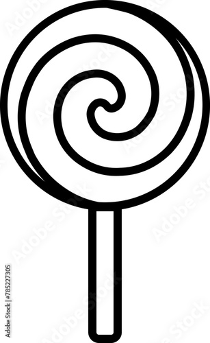 Spiral candy lollipop, birthday party symbol. Outline of festive spiral lollipop for design of children entertainment center. Simple linear icon isolated on white background (ID: 785227305)