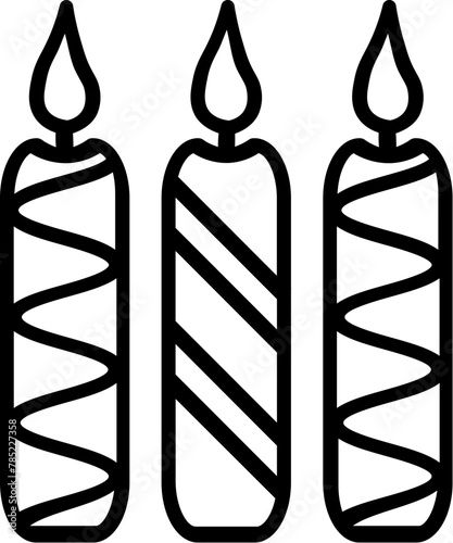 Burning decorative candles, birthday party symbol. Outline of festive burning decorative candles for design of children entertainment center. Simple linear icon isolated on white background (ID: 785227358)