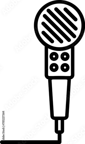 Push button microphone with karaoke settings, birthday party symbol. Outline of festive karaoke microphone for design of children entertainment center. Simple linear icon isolated on white background (ID: 785227364)