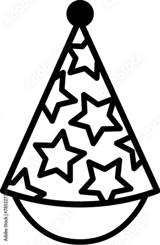 Headdress cone cap decorated with star pattern, birthday party symbol. Outline of festive cone cap for design of children entertainment center. Simple linear icon isolated on white background (ID: 785227376)