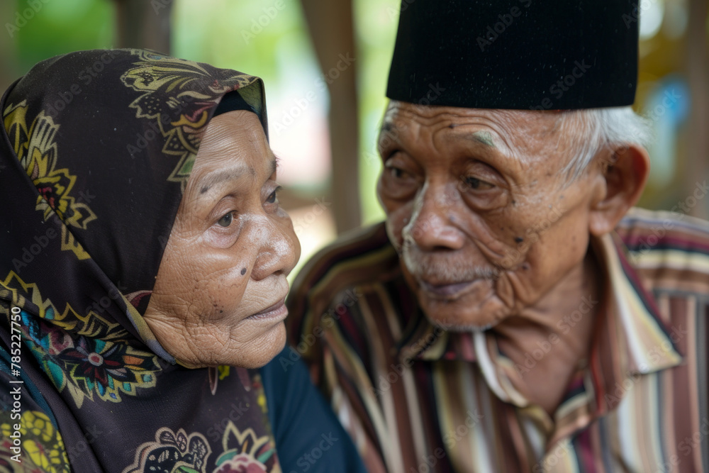 Fototapeta premium An elderly Malay couple looking at each other