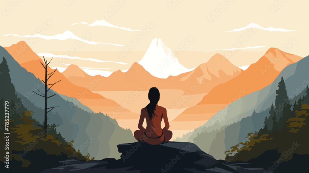 A woman performs yoga in the mountains as viewed from