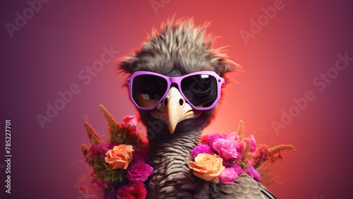 Anthropomorphic hyperrealistic cyberpunk bird character wearing violet sunglasses holding bouquet of flowers on minimal pink background. Modern pop art illustration