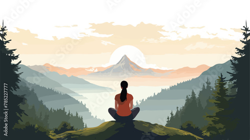 A woman performs yoga in the mountains as viewed from photo