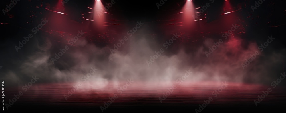 Maroon stage background, maroon spotlight light effects, dark atmosphere, smoke and mist, simple stage background, stage lighting, spotlights