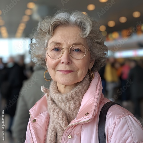 Пожилая улыбающаяся женщина в очках ожидает на вокзале поезд или самолет, полна предвкушения своего путешествия