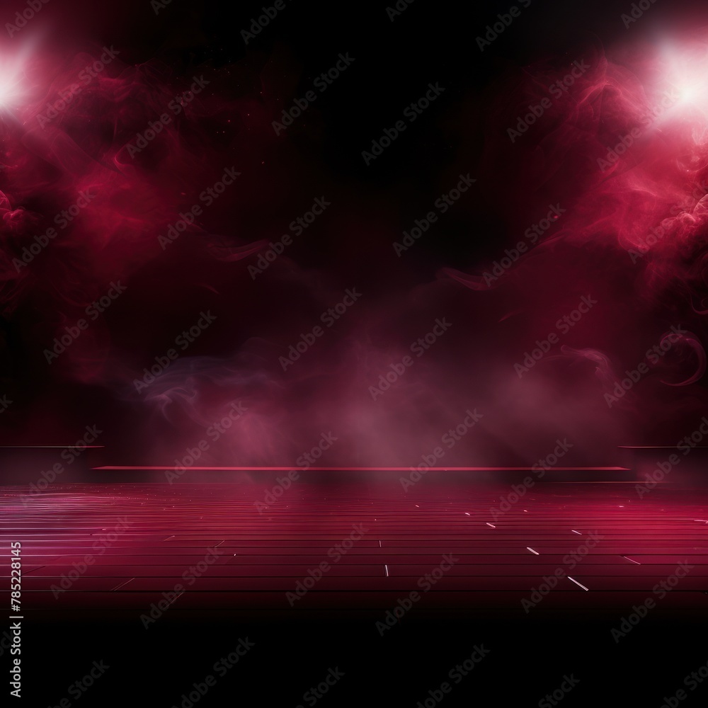 Maroon stage background, maroon spotlight light effects, dark atmosphere, smoke and mist, simple stage background, stage lighting, spotlights