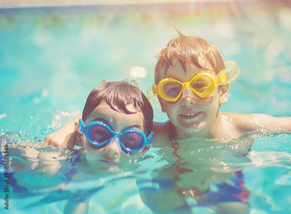 photo of three happy kids in a colorful inflatable swimming ring, wearing diving goggles and floating on the water at a summer pool party, looking into the camera, close up portrait shot
