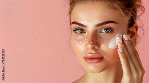 Beautiful young woman applying cream on her face
