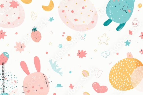 Cute bunny sitting with Easter eggs on a pink background. Playful and festive Easter illustration