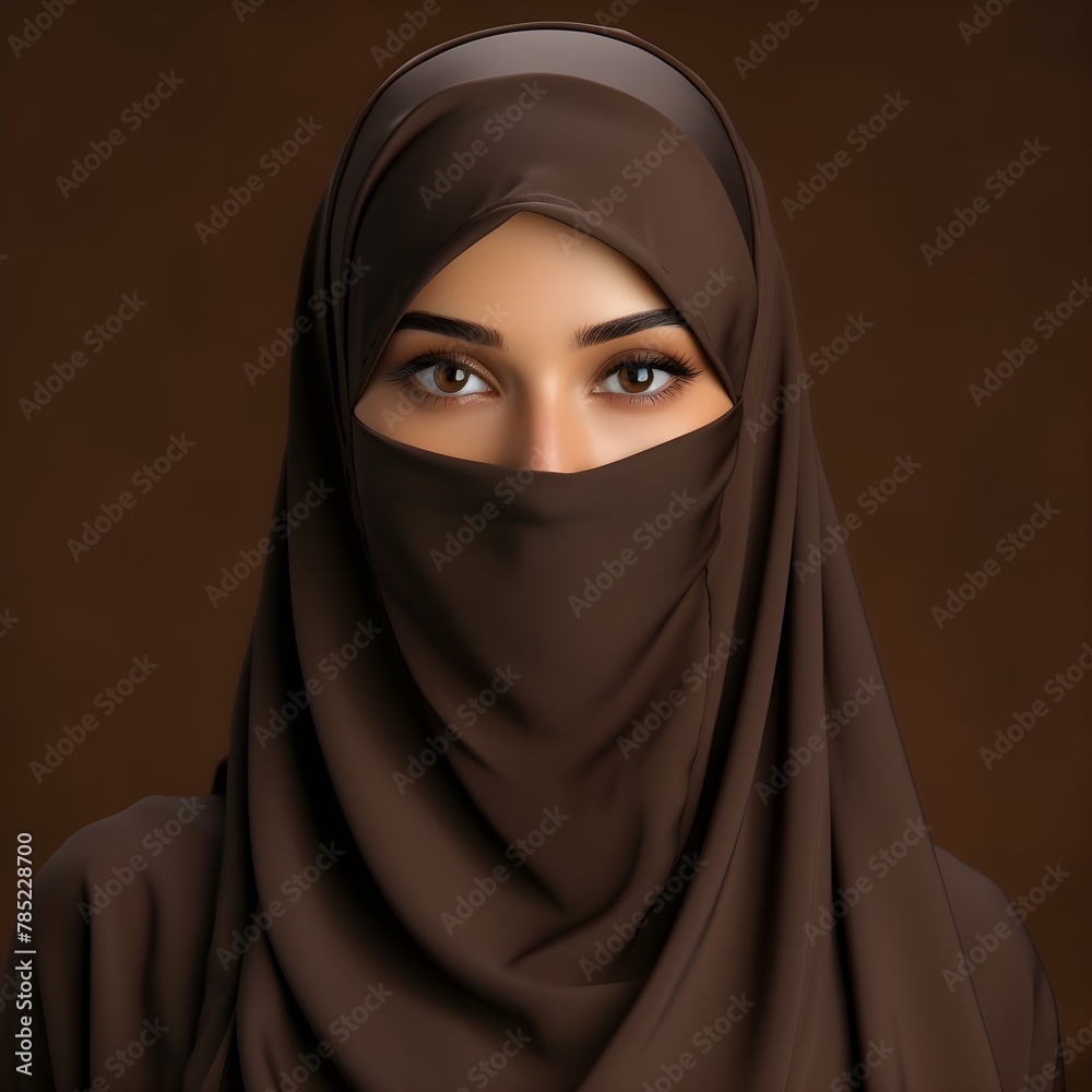 Portrait of a veiled woman wearing burqa isolated on brown background