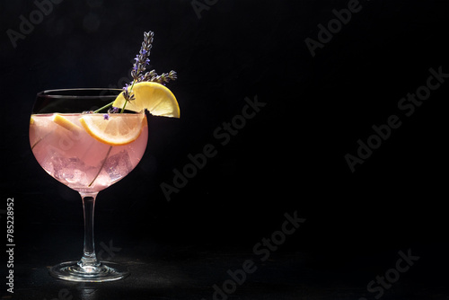 Fancy cocktail with fresh fruit. Gin and tonic drink with ice at a party, on a black background. Alcohol with lavender and lemon, with copy space