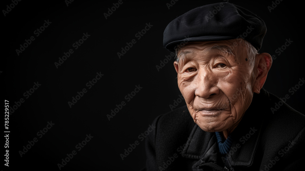A asian man with a black hat, a black coat is staring at the camera. The chinese man's face is wrinkled. Concept of loneliness and introspection. a 80 years old man wearing a cap in a black background