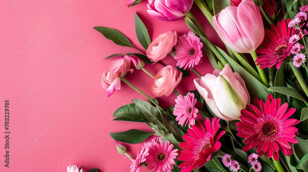 Present Ideas for celebrating Happy Womens day, with a Flower Bouquet in solid Background Present Ideas for celebrating Happy Womens day, with a Flower Bouquet in solid Background