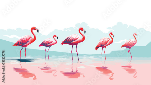 A group of flamingos wading in shallow water flat vector