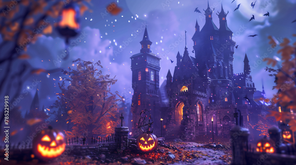 3D rendering of a haunted fantasy castle in spooky Halloween 