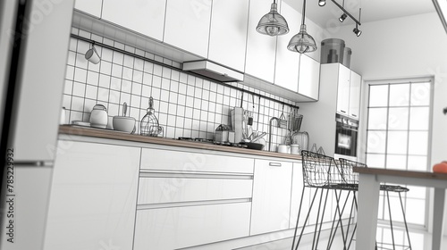 A Drawing Of A Modern Kitchen And Sleek White Cabinets.