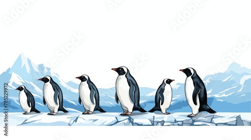 A group of penguins waddling across the ice flat vector