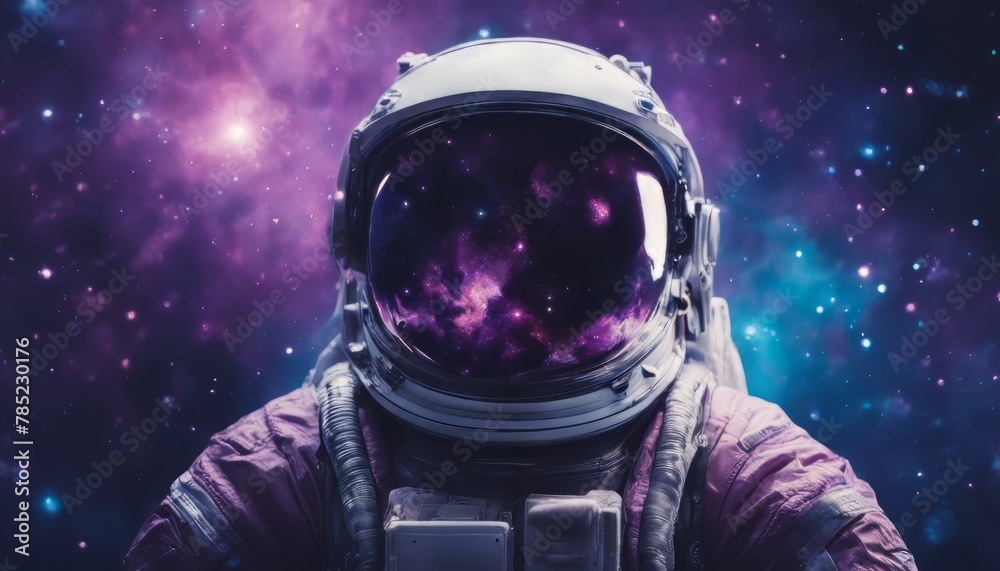 Astronaut in space with stars, a galaxy, a purple and blue nebula, and galaxies reflected in his helmet