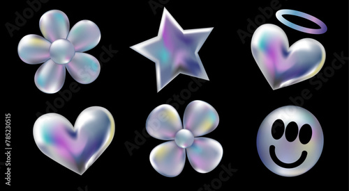 3d holographic retro 90 stickers set. Chrome Hearts, Stars, Daisy Flowers, Smile in Y2K style isolated on black. Future galaxy aesthetic, 3D chrome bubble art. Metal glossy sticker set. © AutumnStudio