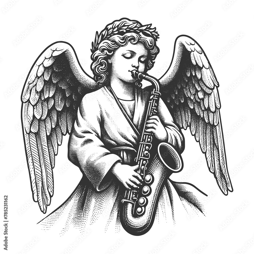 Fototapeta premium angel playing jazz saxophone, blending spirituality with the joy of music in a vintage style sketch engraving generative ai raster illustration. Scratch board imitation. Black and white image.