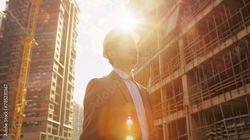 Cinematic, sunny day, a male Chinese project manager in suit with helmet is inspecting a construction site, eye level shot, golden hour light