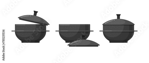 Gamasot, Korean pot for stew and boil hot soup and spicy sauce. Icons of asian iron cauldron with lid. Traditional Korean cookware, black iron pot for kimchi cooking, vector cartoon set