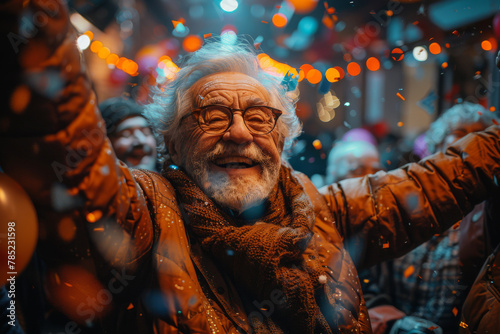 Cheerful elderly Caucasian male dancing wildly on the party, happy retirement concept  photo