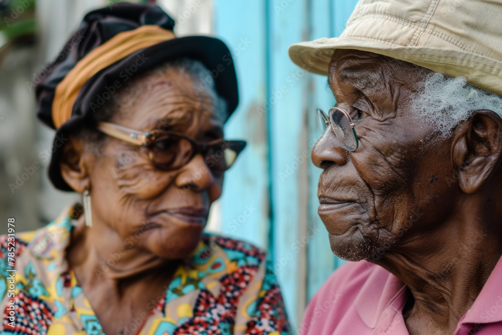 An elderly American African couple looking at each other