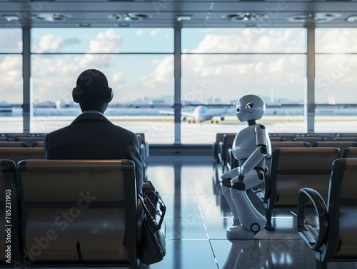 concerned young business man and robot with business bag siting and waiting in waiting room, watch in front of them for job 