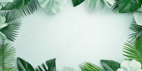 Mint Green frame background  tropical leaves and plants around the mint green rectangle in the middle of the photo with space for text