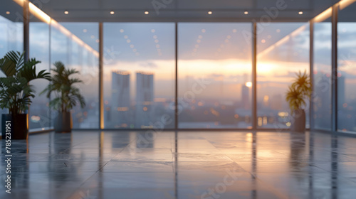 Gorgeous blurred background of a light-filled modern office space with panoramic windows and stunning lighting.