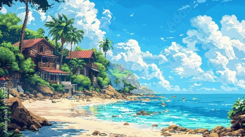 A serene pixel art landscape with a cozy house nestled among lush greenery, overlooking a pristine beach with crystal clear waters, under a sky dotted with fluffy clouds.