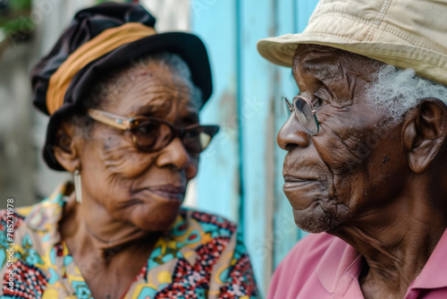 An elderly American African couple looking at each other