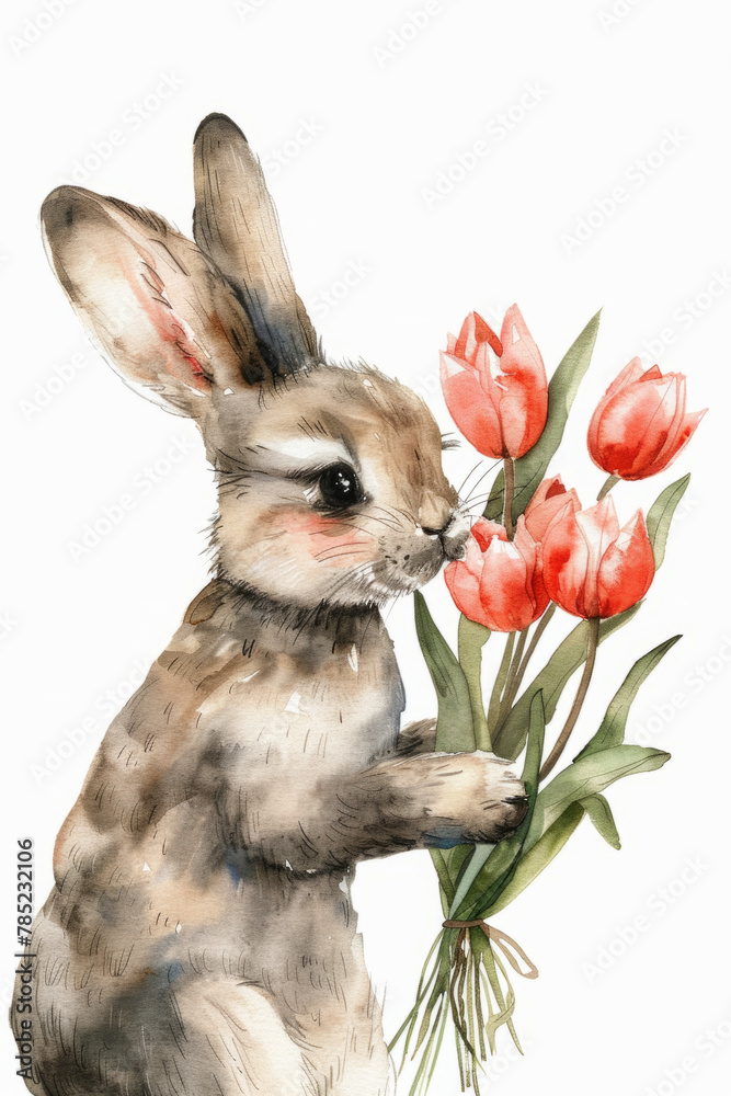 Obraz premium Watercolor painting of a baby bunny holding a bouquet of tulips as a gift.