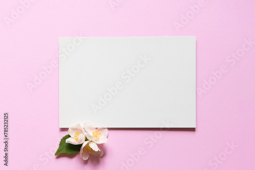 Mother's day banner with blank white card and bouquet of jasmine flowers on pink background